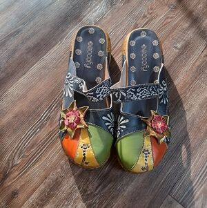 Socofy Womens Floral Art Colorful Leather Slip On Mary Jane Shoes Sz. 10 (41)